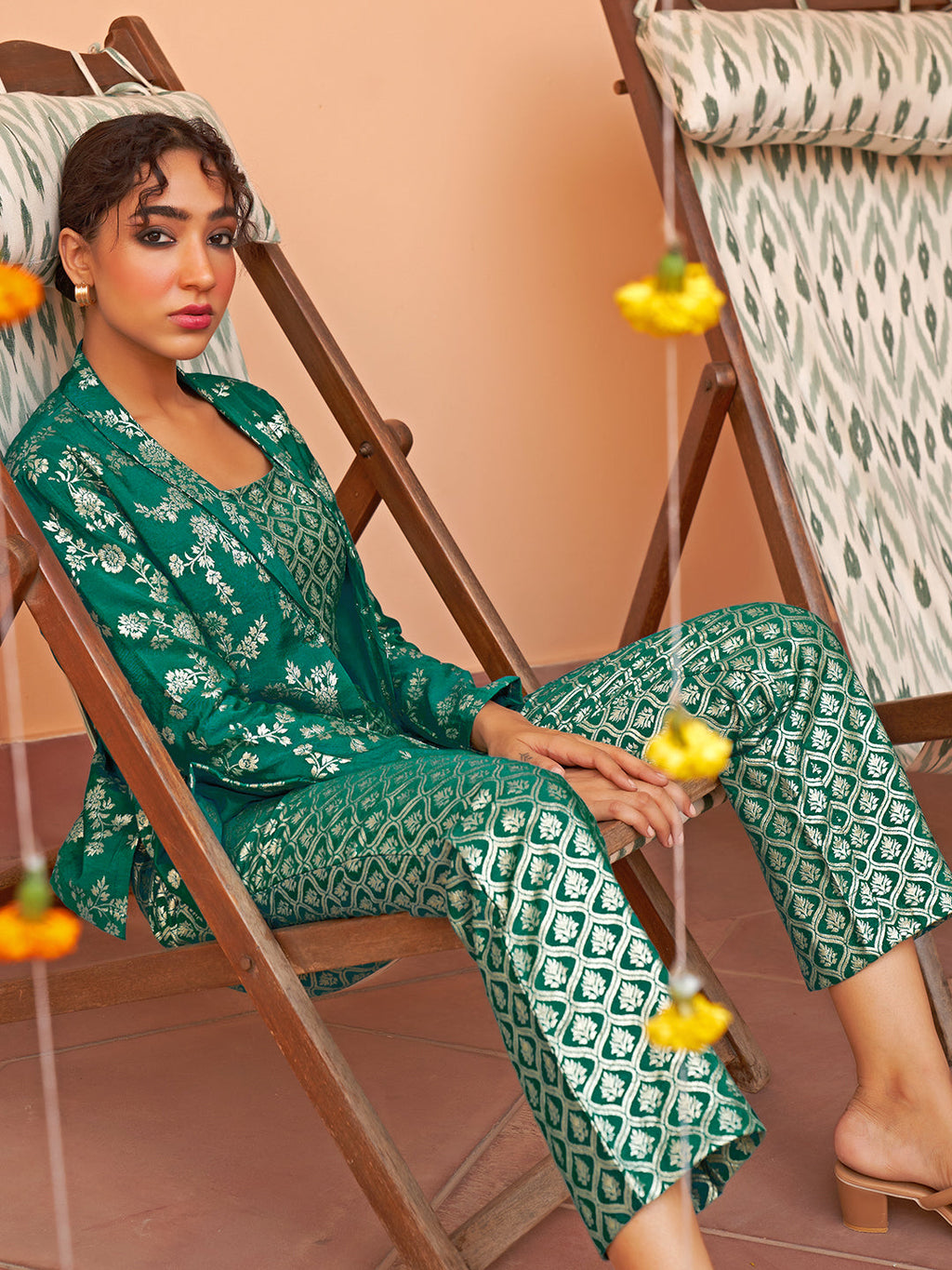 Janasya Women's Rama Green Brocade Woven Design Festive Crop Top Set | Grocsy
