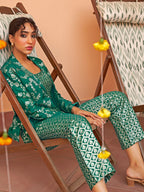 Janasya Women's Rama Green Brocade Woven Design Festive Crop Top Set | Grocsy