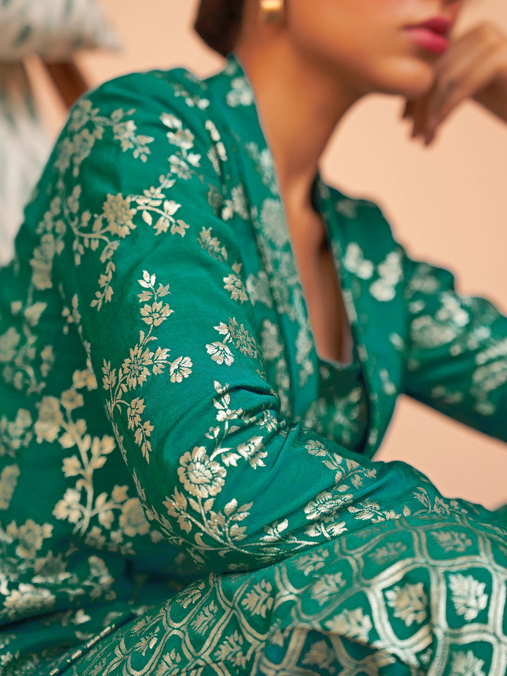 Janasya Women's Rama Green Brocade Woven Design Festive Crop Top Set | Grocsy