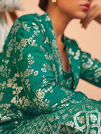 Janasya Women's Rama Green Brocade Woven Design Festive Crop Top Set | Grocsy