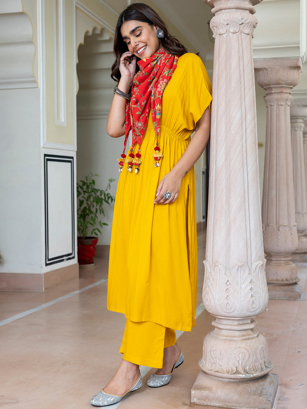 Janasya Women's Mustard Rayon Solid Festive Gathered Kurta Set | Grocsy
