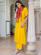 Janasya Women's Mustard Rayon Solid Festive Gathered Kurta Set | Grocsy