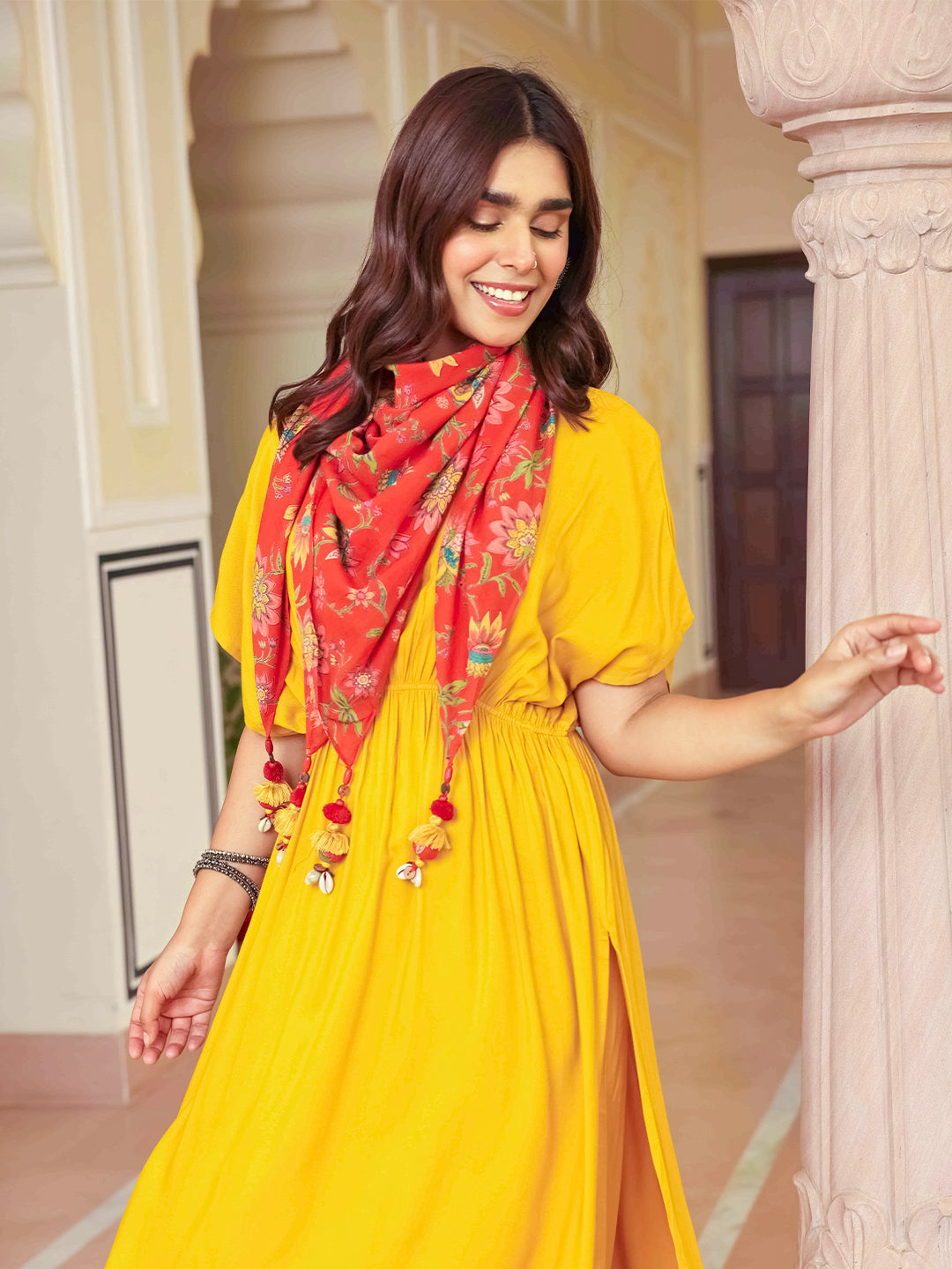 Janasya Women's Mustard Rayon Solid Festive Gathered Kurta Set | Grocsy