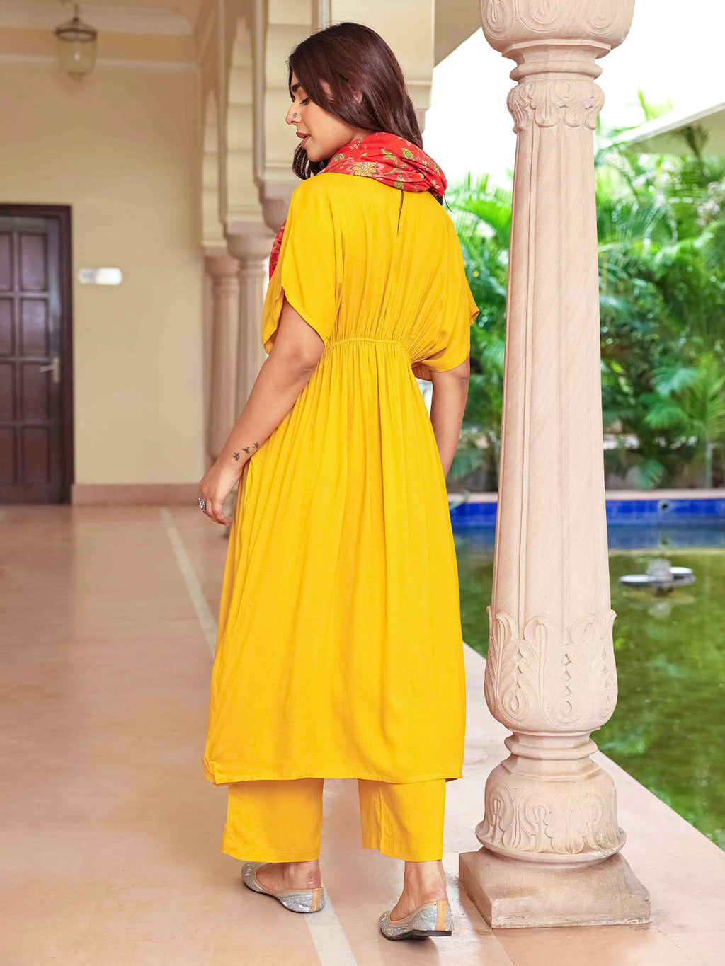Janasya Women's Mustard Rayon Solid Festive Gathered Kurta Set | Grocsy