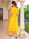 Janasya Women's Mustard Rayon Solid Festive Gathered Kurta Set | Grocsy