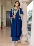 Janasya Women's Blue Rayon Solid Festive Gathered Kurta Set | Grocsy