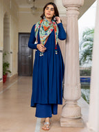 Janasya Women's Blue Rayon Solid Festive Gathered Kurta Set | Grocsy