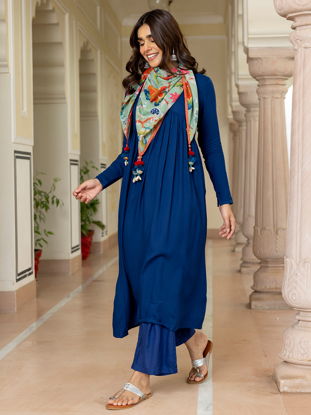 Janasya Women's Blue Rayon Solid Festive Gathered Kurta Set | Grocsy
