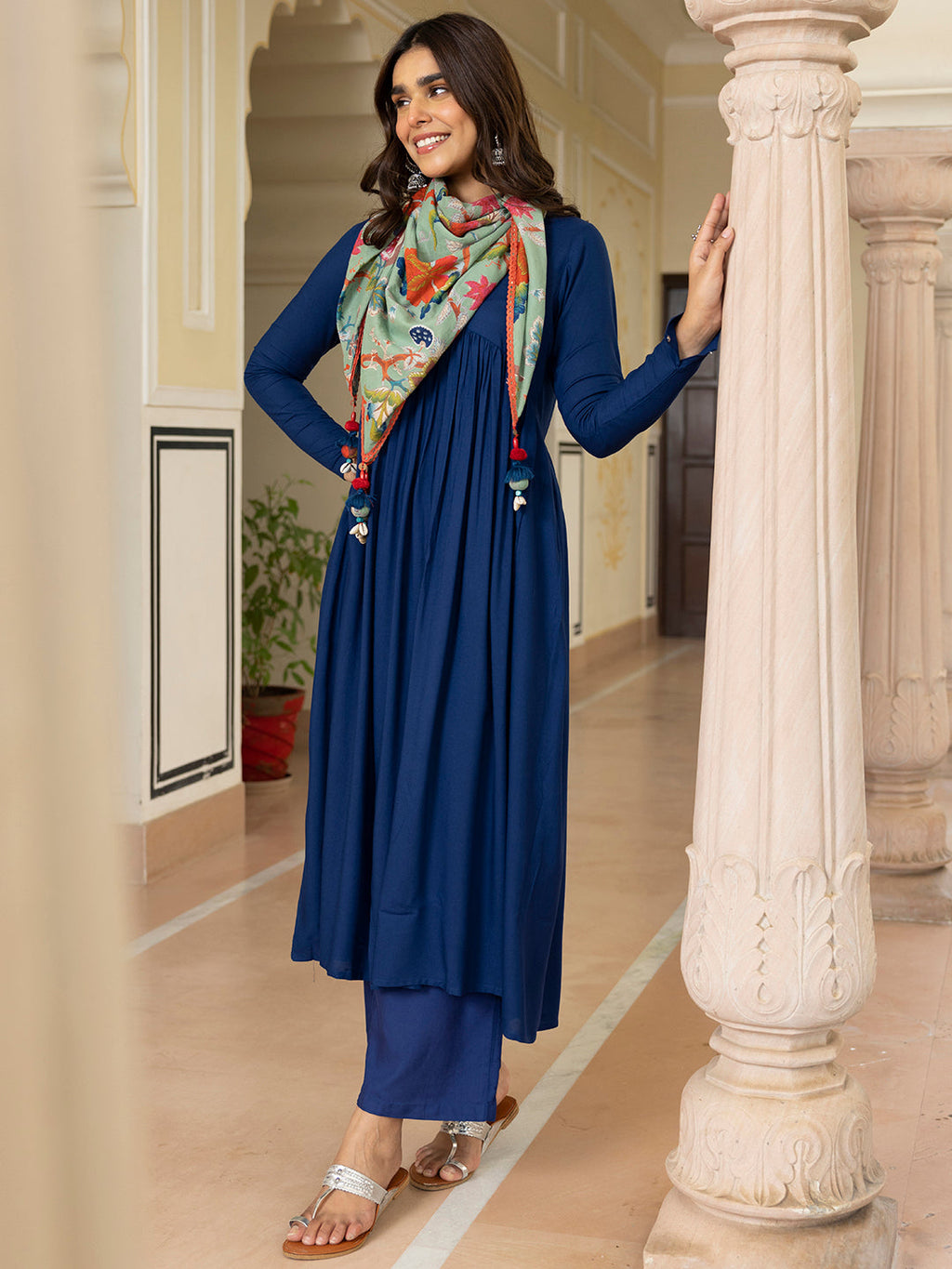 Janasya Women's Blue Rayon Solid Festive Gathered Kurta Set | Grocsy
