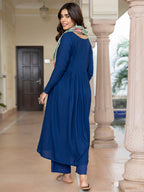 Janasya Women's Blue Rayon Solid Festive Gathered Kurta Set | Grocsy