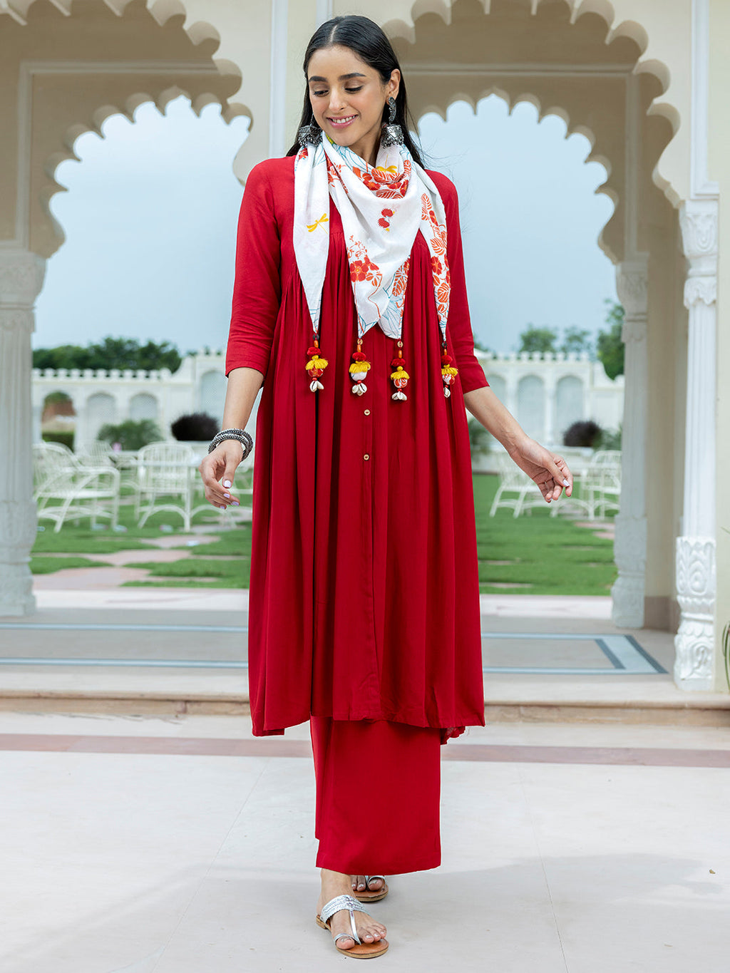 Janasya Women's Maroon Rayon Solid Festive Gathered Kurta Set | Grocsy