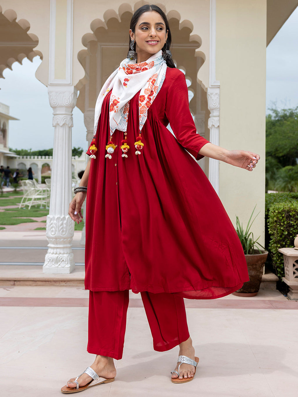 Janasya Women's Maroon Rayon Solid Festive Gathered Kurta Set | Grocsy