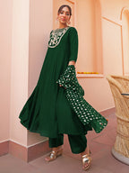 Janasya Women's Dark Green Chanderi Embellished Festive Anarkali Kurta Set | Grocsy
