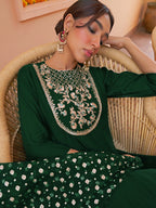 Janasya Women's Dark Green Chanderi Embellished Festive Anarkali Kurta Set | Grocsy