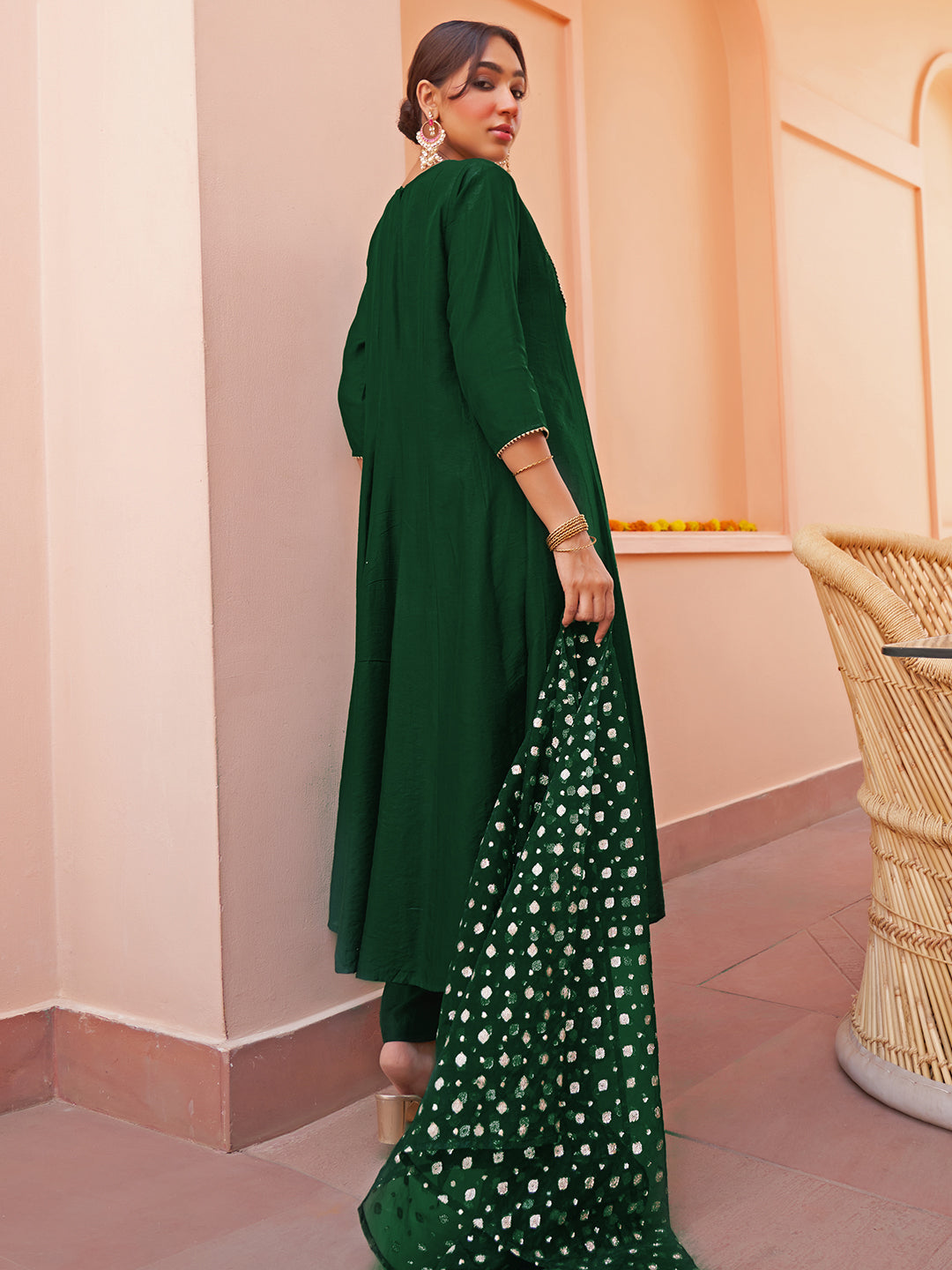 Janasya Women's Dark Green Chanderi Embellished Festive Anarkali Kurta Set | Grocsy