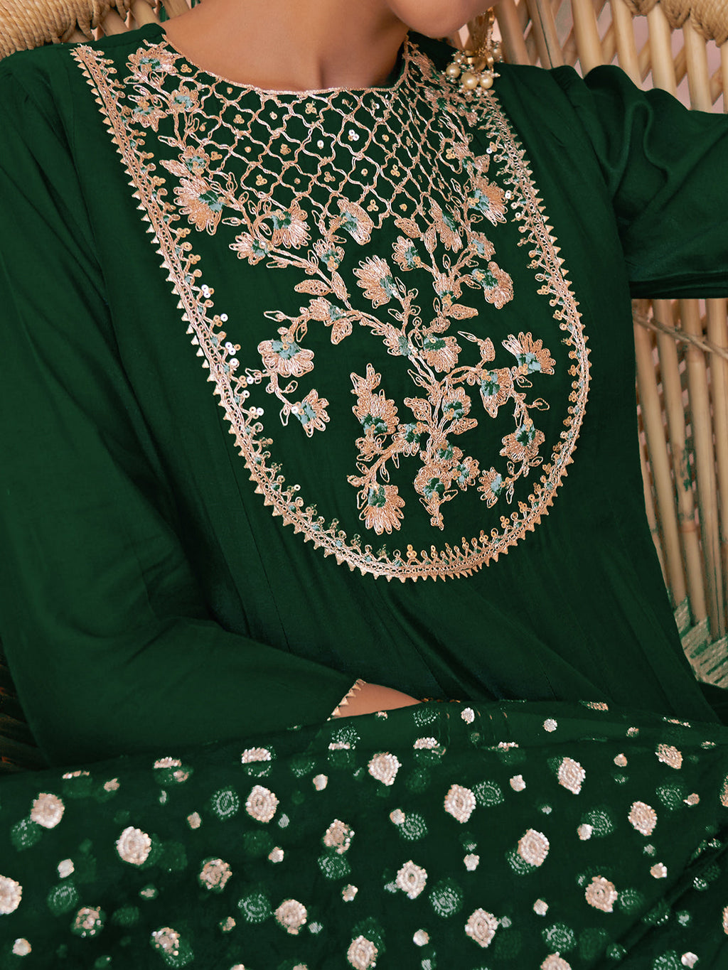 Janasya Women's Dark Green Chanderi Embellished Festive Anarkali Kurta Set | Grocsy