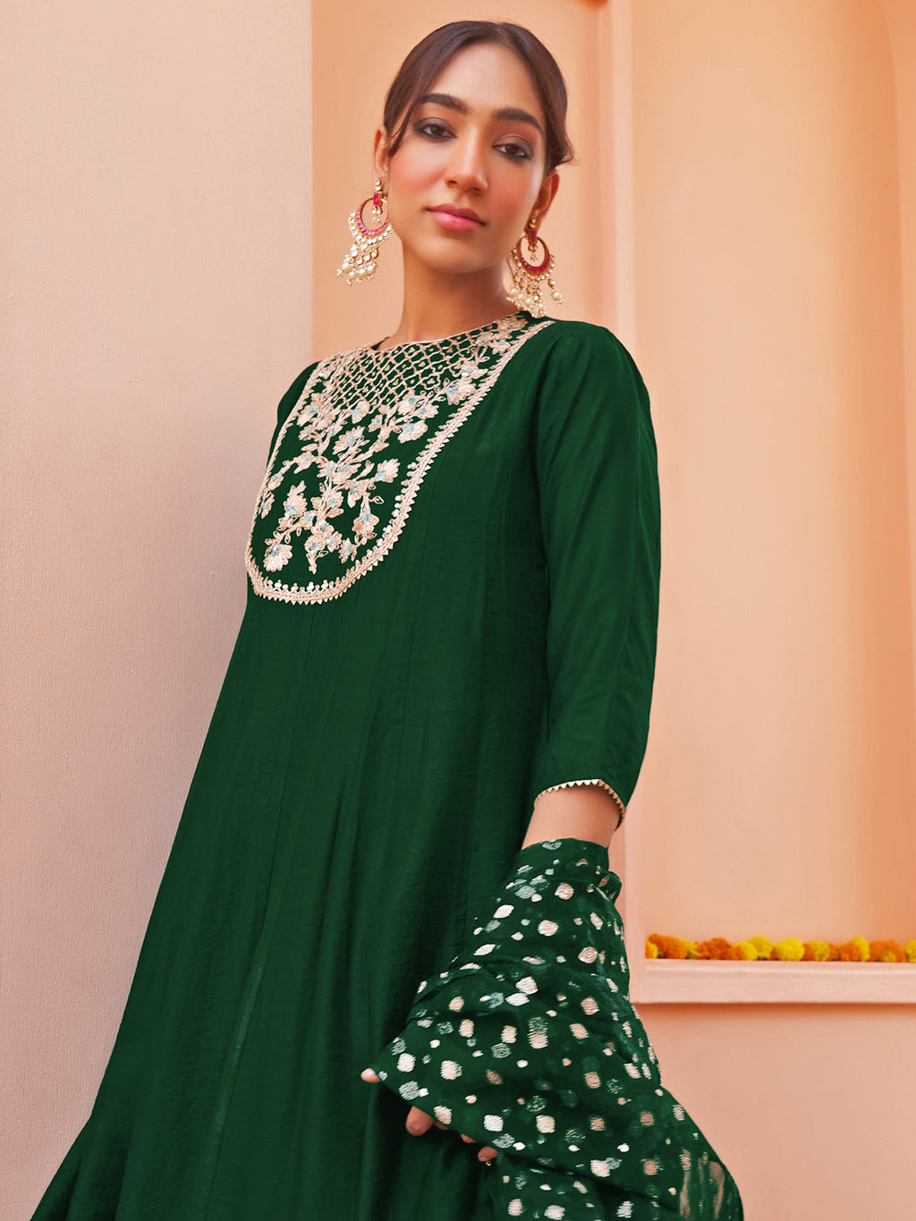 Janasya Women's Dark Green Chanderi Embellished Festive Anarkali Kurta Set | Grocsy