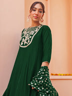 Janasya Women's Dark Green Chanderi Embellished Festive Anarkali Kurta Set | Grocsy