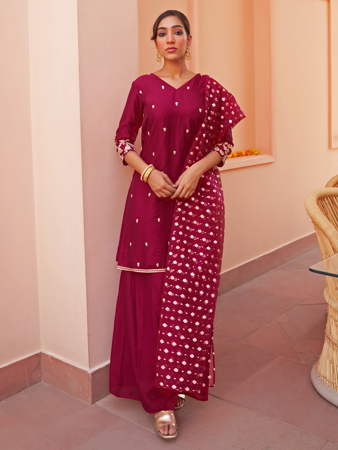 Janasya Women's Pink Chanderi Embellished Festive Straight Kurta Set | Grocsy