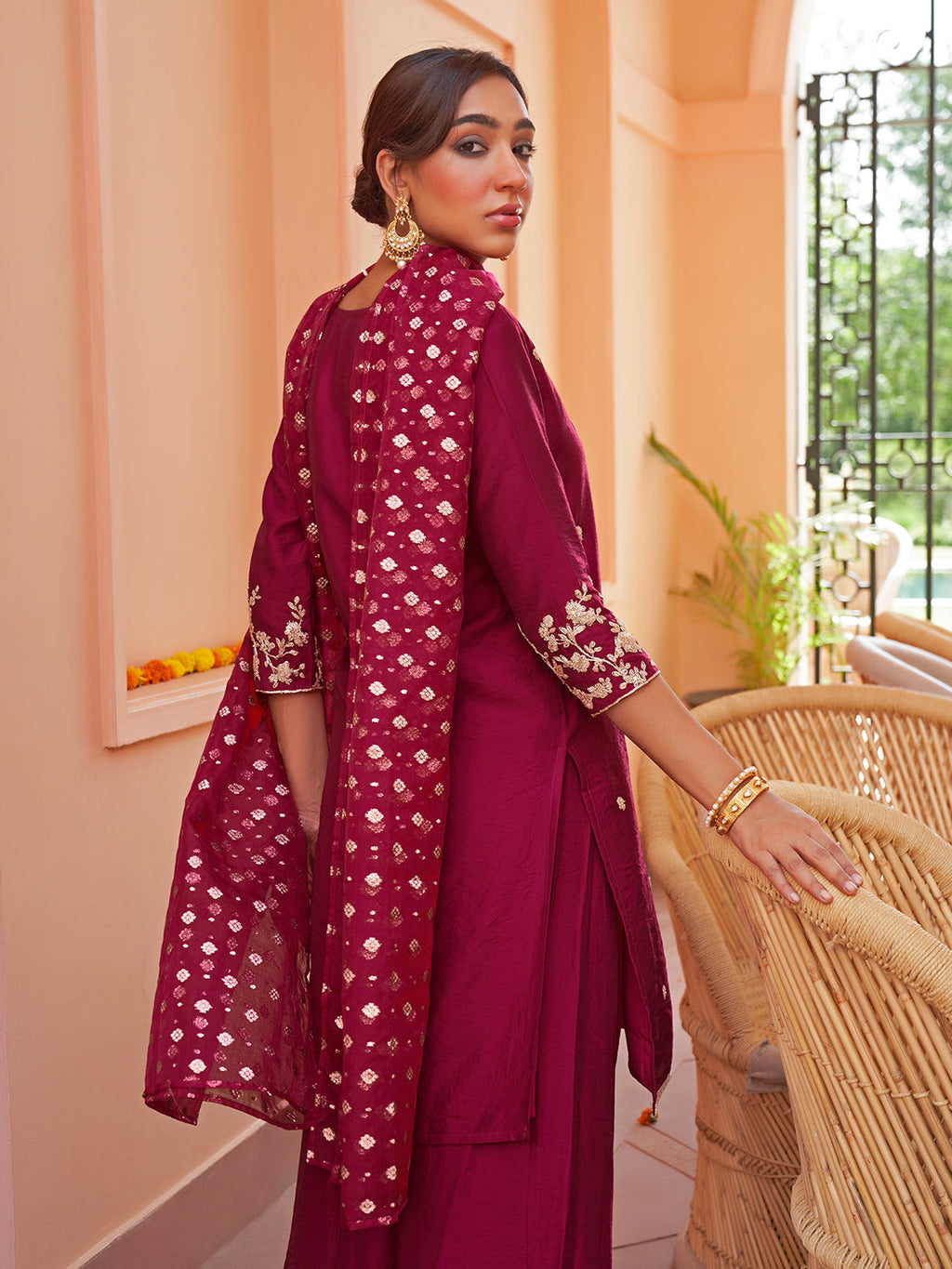Janasya Women's Pink Chanderi Embellished Festive Straight Kurta Set | Grocsy