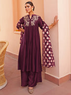 Janasya Women's Purple Chanderi Embellished Festive A-line Kurta Set | Grocsy