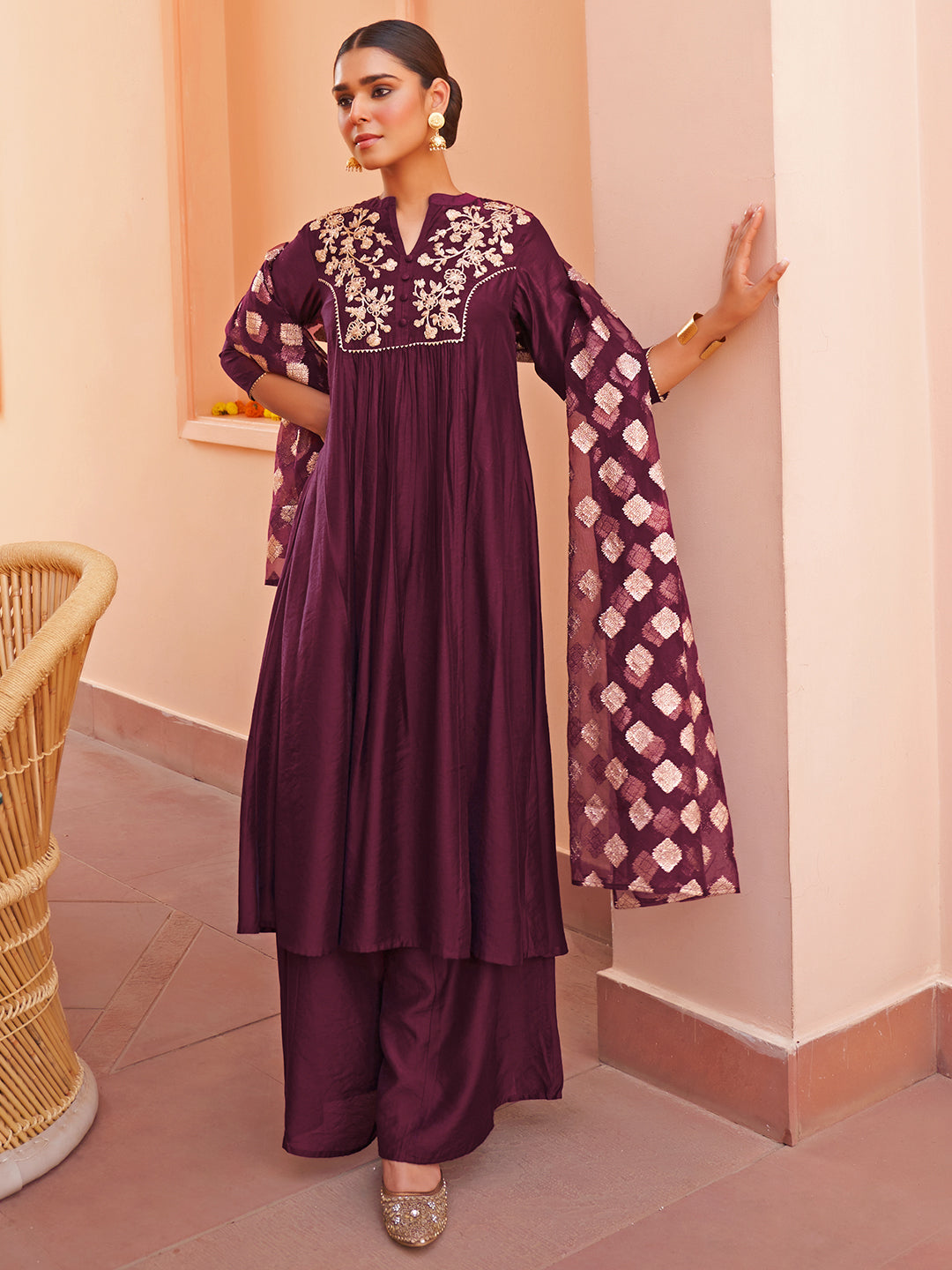 Janasya Women's Purple Chanderi Embellished Festive A-line Kurta Set | Grocsy