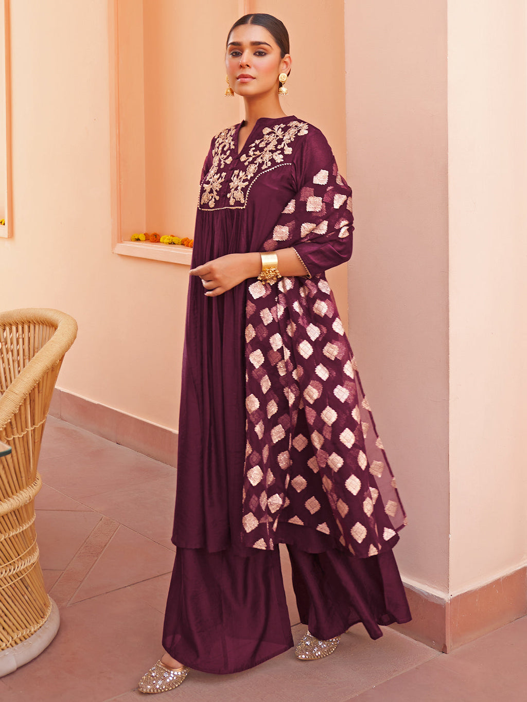 Janasya Women's Purple Chanderi Embellished Festive A-line Kurta Set | Grocsy