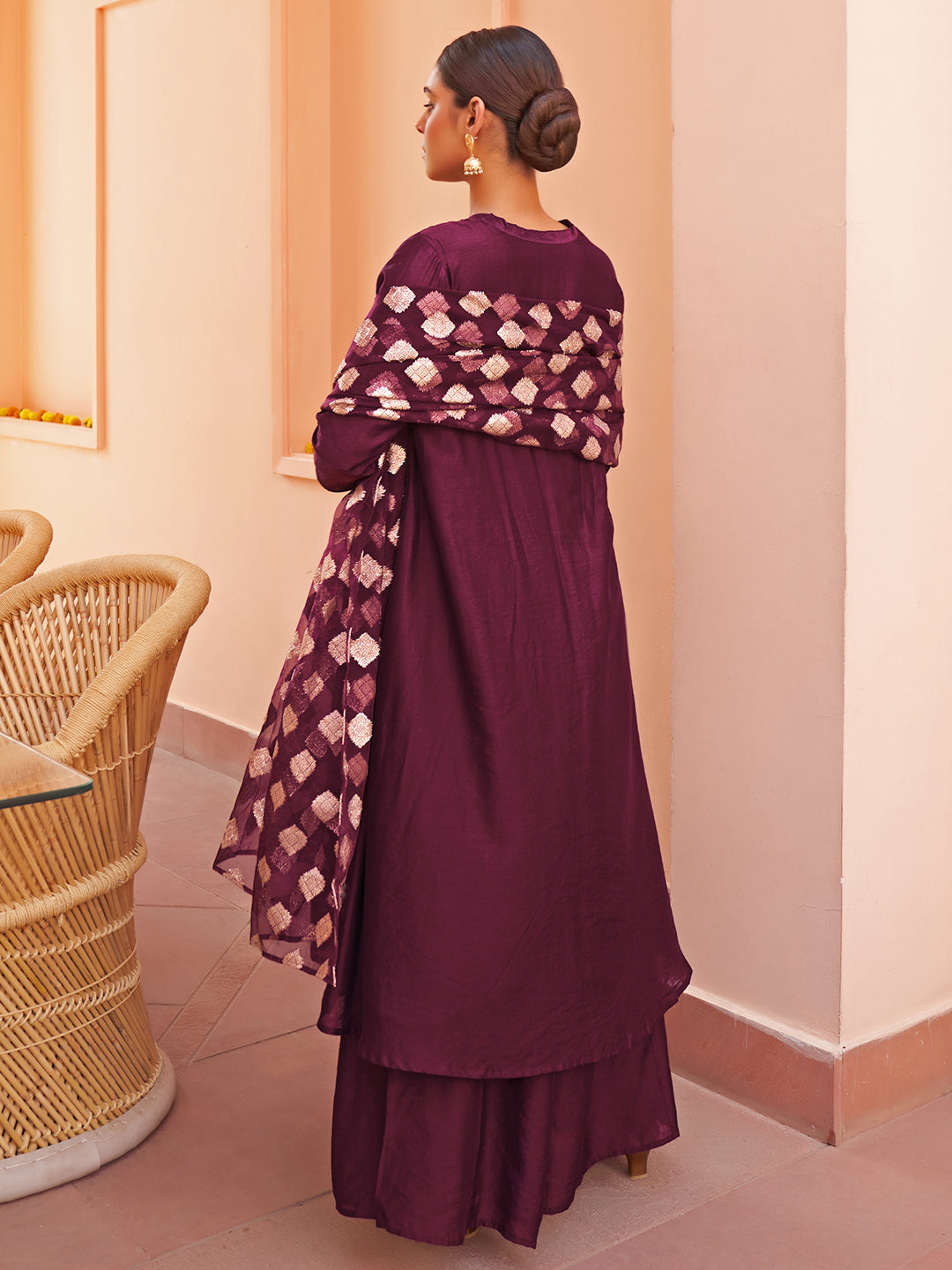 Janasya Women's Purple Chanderi Embellished Festive A-line Kurta Set | Grocsy