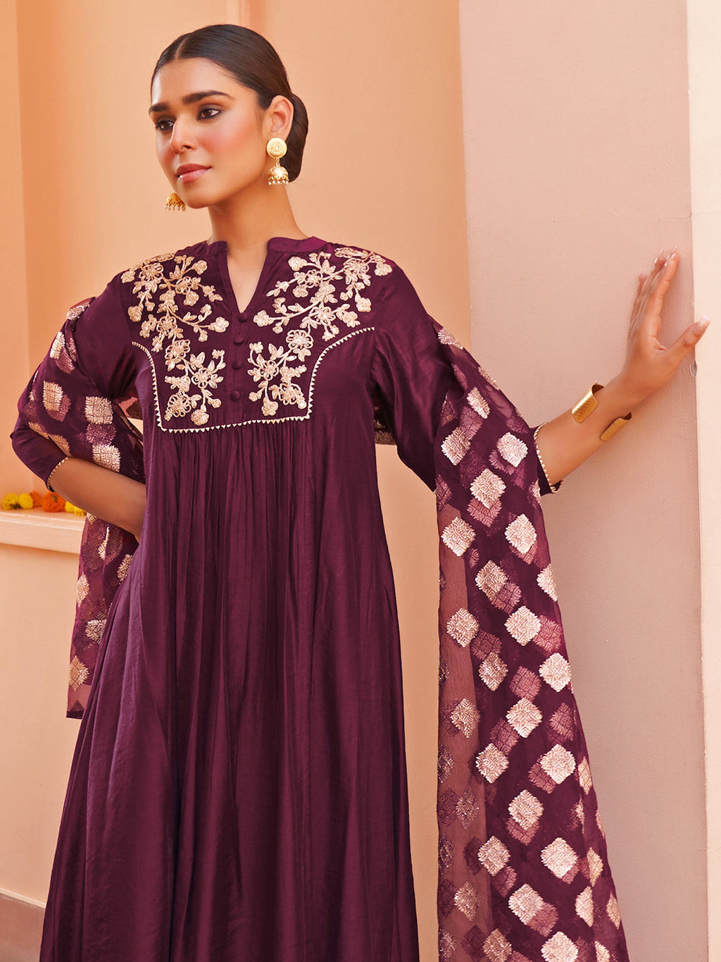 Janasya Women's Purple Chanderi Embellished Festive A-line Kurta Set | Grocsy