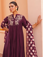 Janasya Women's Purple Chanderi Embellished Festive A-line Kurta Set | Grocsy