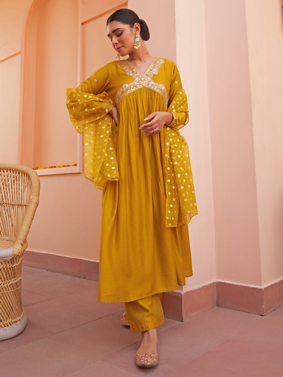 Janasya Women's Mustard Chanderi Emabellished Festive A-line Kurta Set | Grocsy