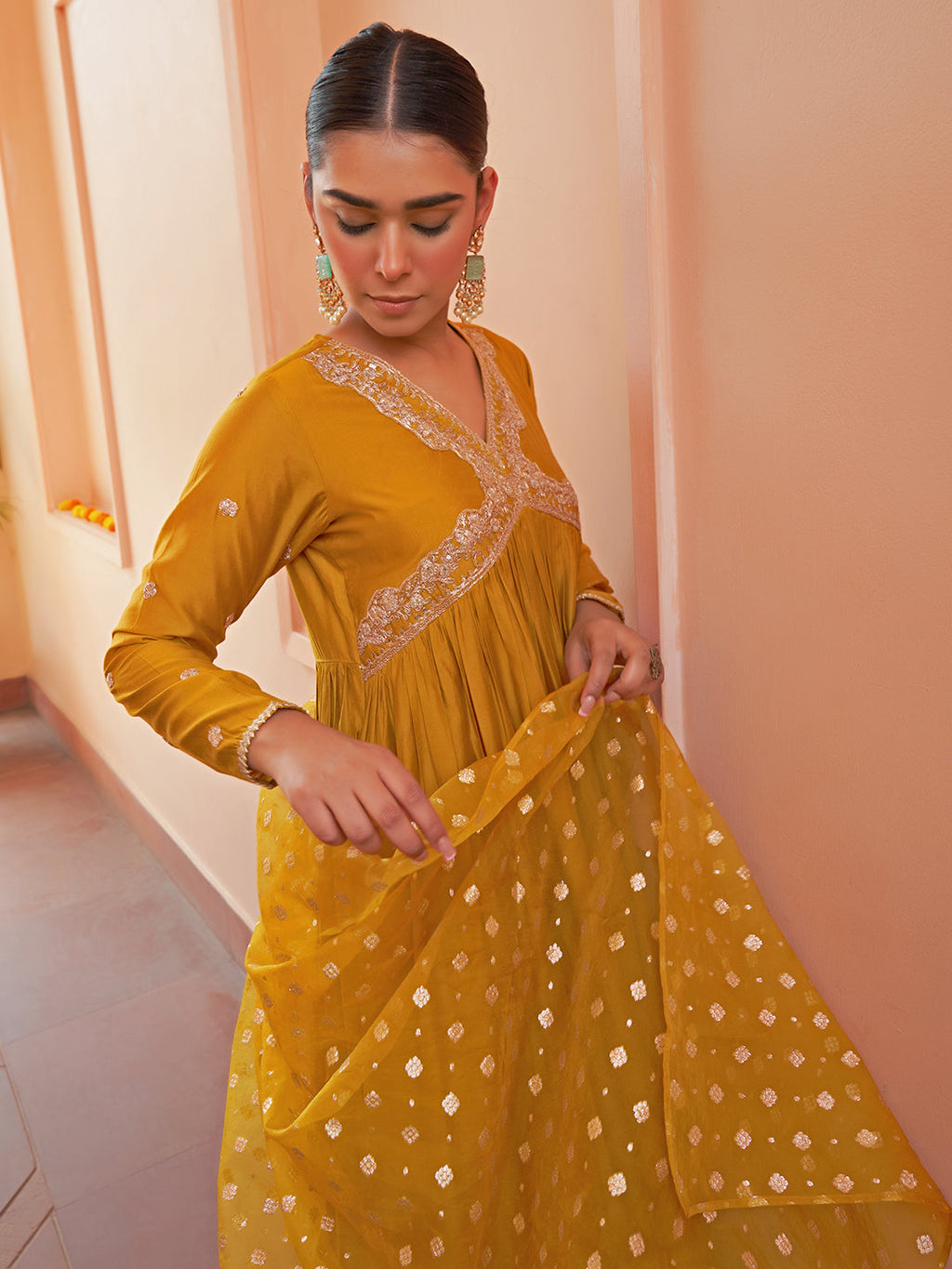 Janasya Women's Mustard Chanderi Emabellished Festive A-line Kurta Set | Grocsy