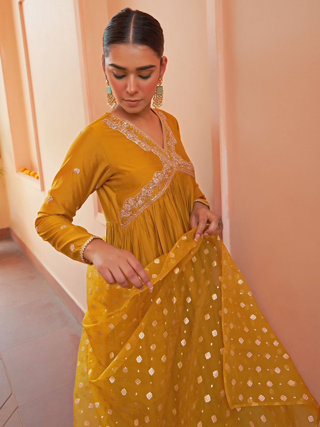 Janasya Women's Mustard Chanderi Emabellished Festive A-line Kurta Set | Grocsy