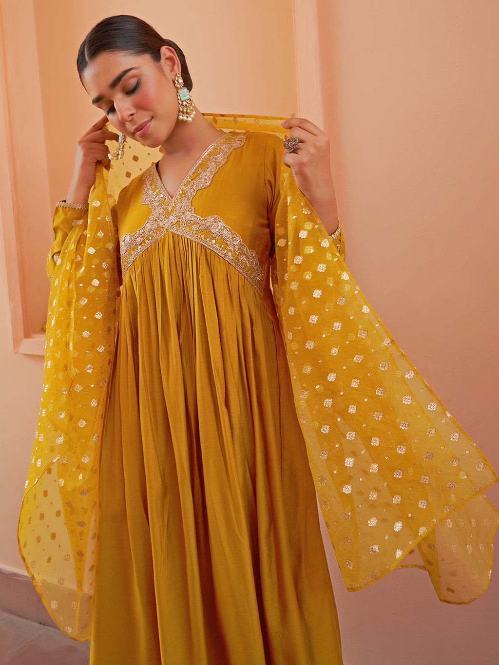 Janasya Women's Mustard Chanderi Emabellished Festive A-line Kurta Set | Grocsy