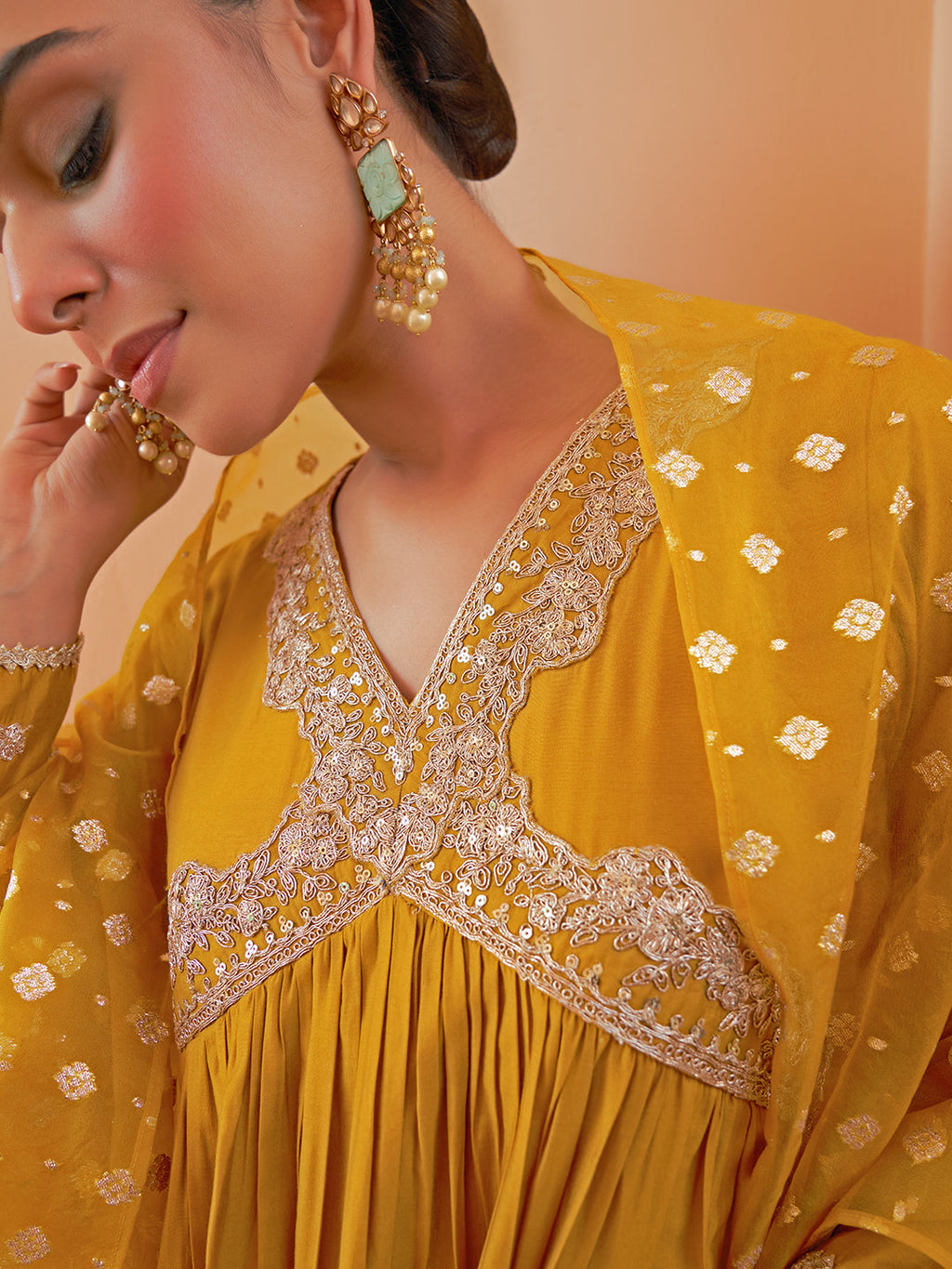 Janasya Women's Mustard Chanderi Emabellished Festive A-line Kurta Set | Grocsy