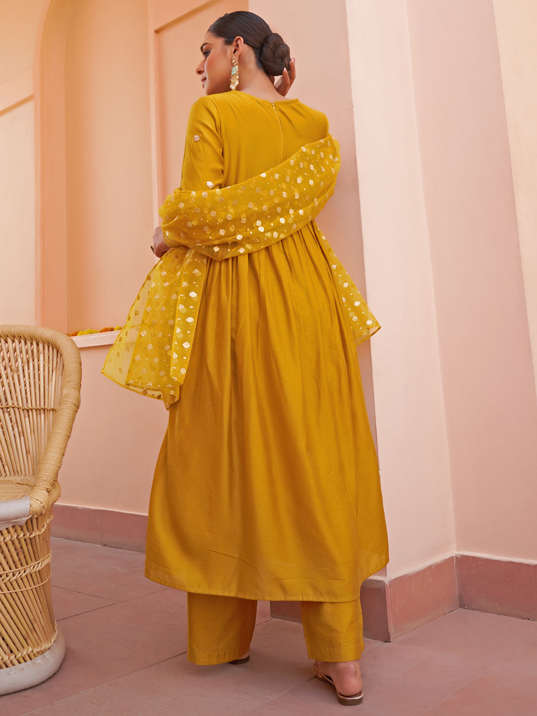 Janasya Women's Mustard Chanderi Emabellished Festive A-line Kurta Set | Grocsy