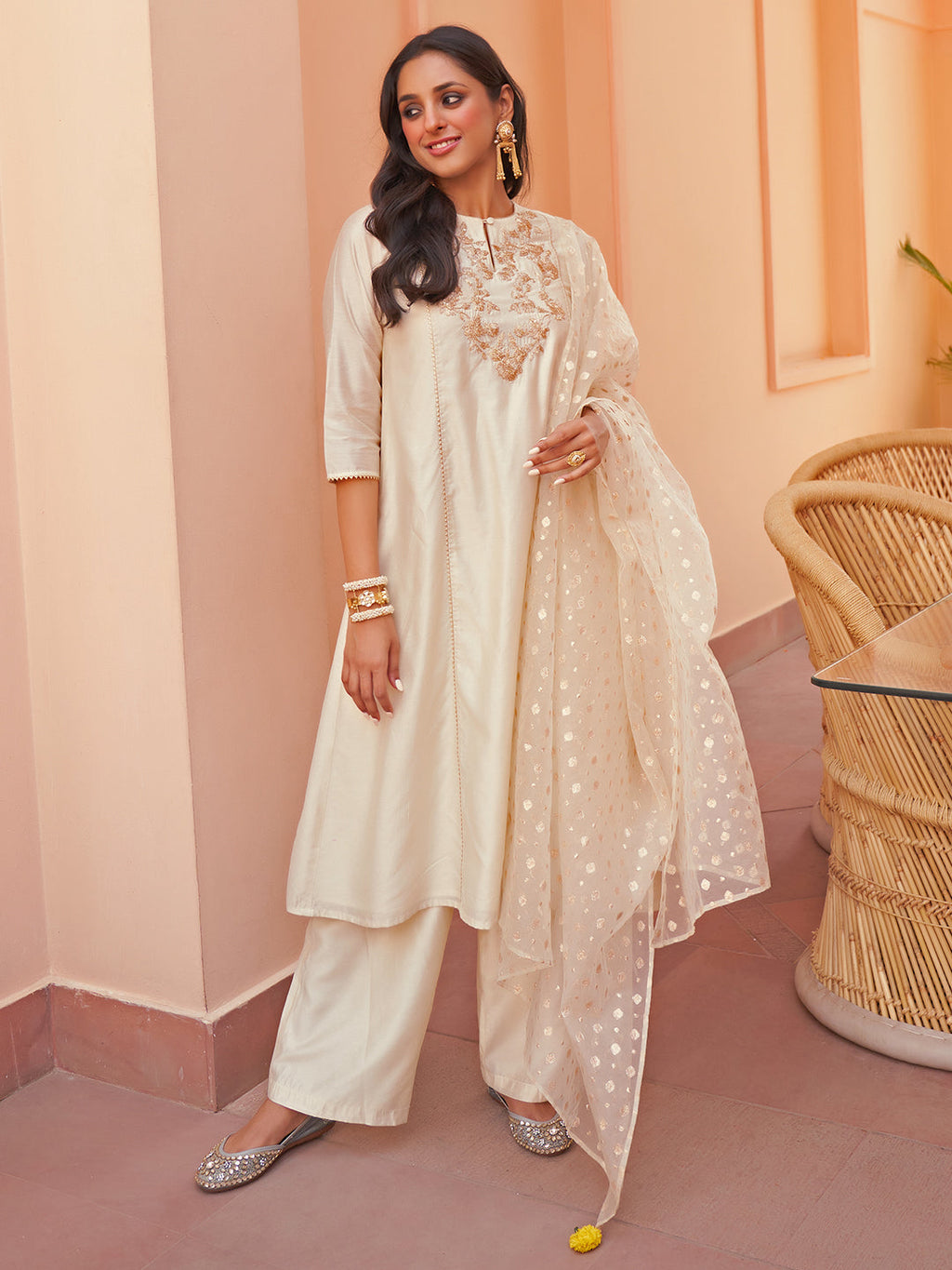 Janasya Women's Off White Chanderi Yoke Embroidery Festive Straight Kurta Set | Grocsy