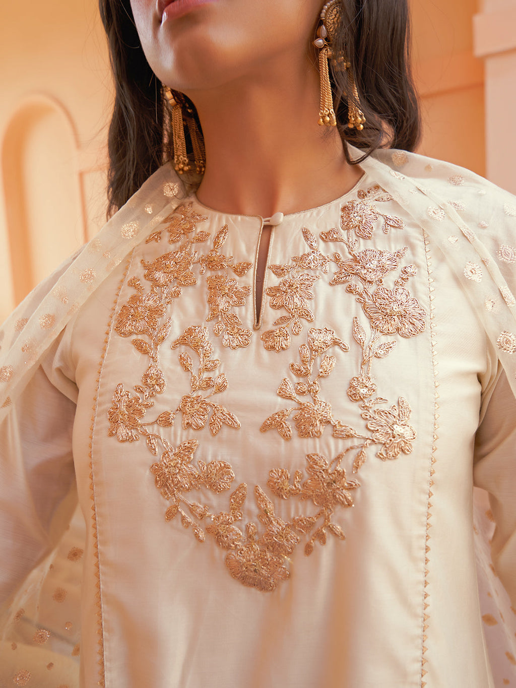 Janasya Women's Off White Chanderi Yoke Embroidery Festive Straight Kurta Set | Grocsy