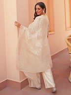 Janasya Women's Off White Chanderi Yoke Embroidery Festive Straight Kurta Set | Grocsy