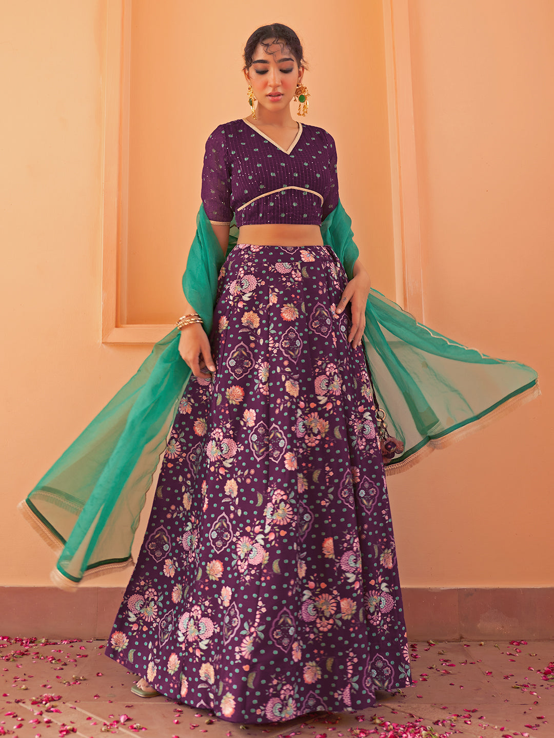 Janasya Purple Georgette Digital Floral Printed Festive Lehenga Choli | Grocsy