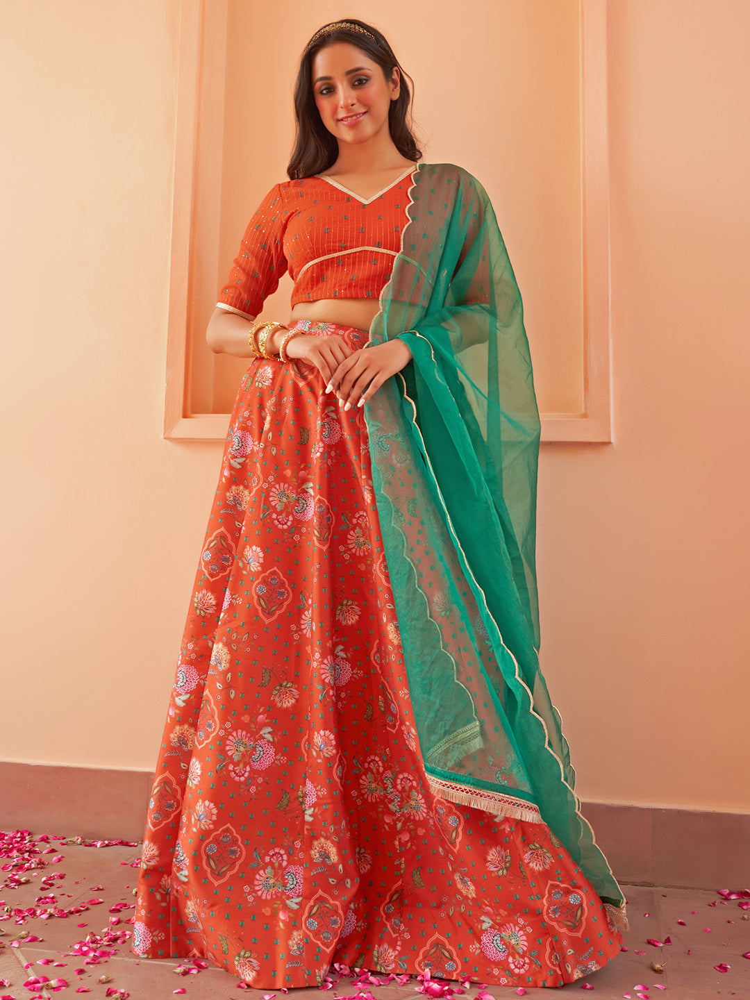 Janasya Orange Georgette Digital Floral Printed Festive Lehenga Choli | Grocsy