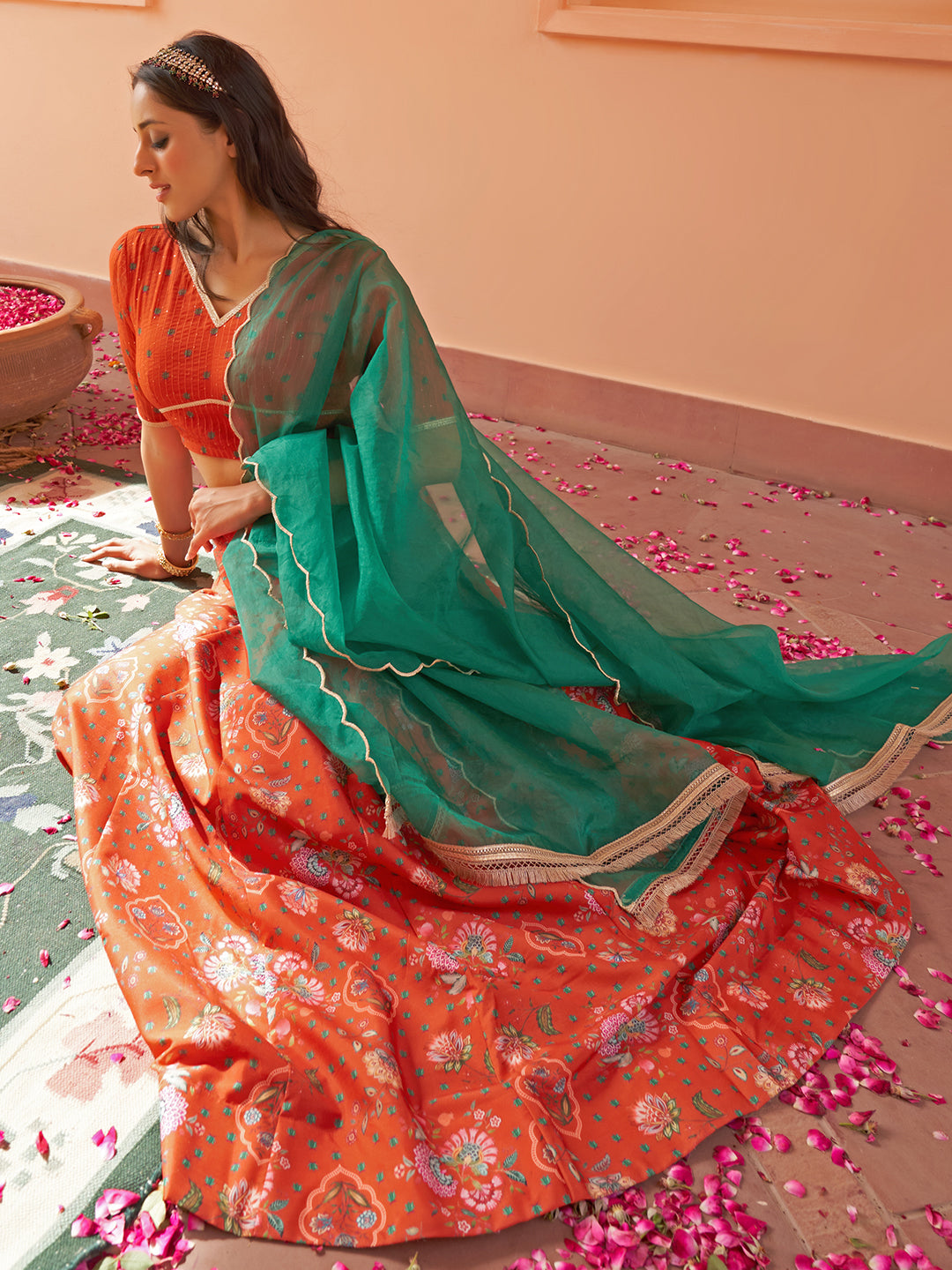 Janasya Orange Georgette Digital Floral Printed Festive Lehenga Choli | Grocsy