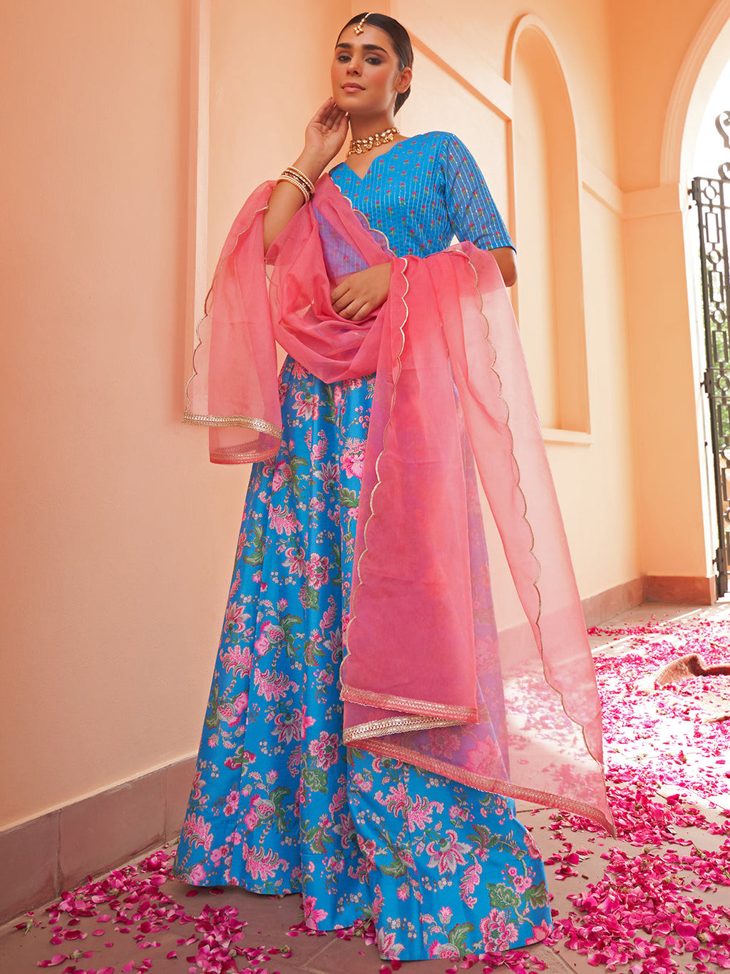 Janasya Blue Georgette Digital Floral Printed Festive Lehenga Choli | Grocsy