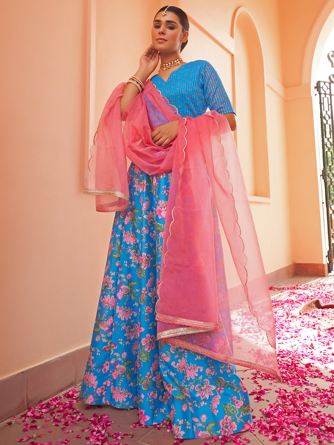 Janasya Blue Georgette Digital Floral Printed Festive Lehenga Choli | Grocsy