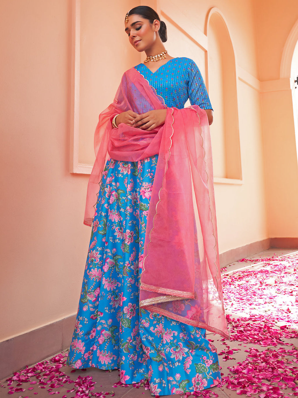 Janasya Blue Georgette Digital Floral Printed Festive Lehenga Choli | Grocsy