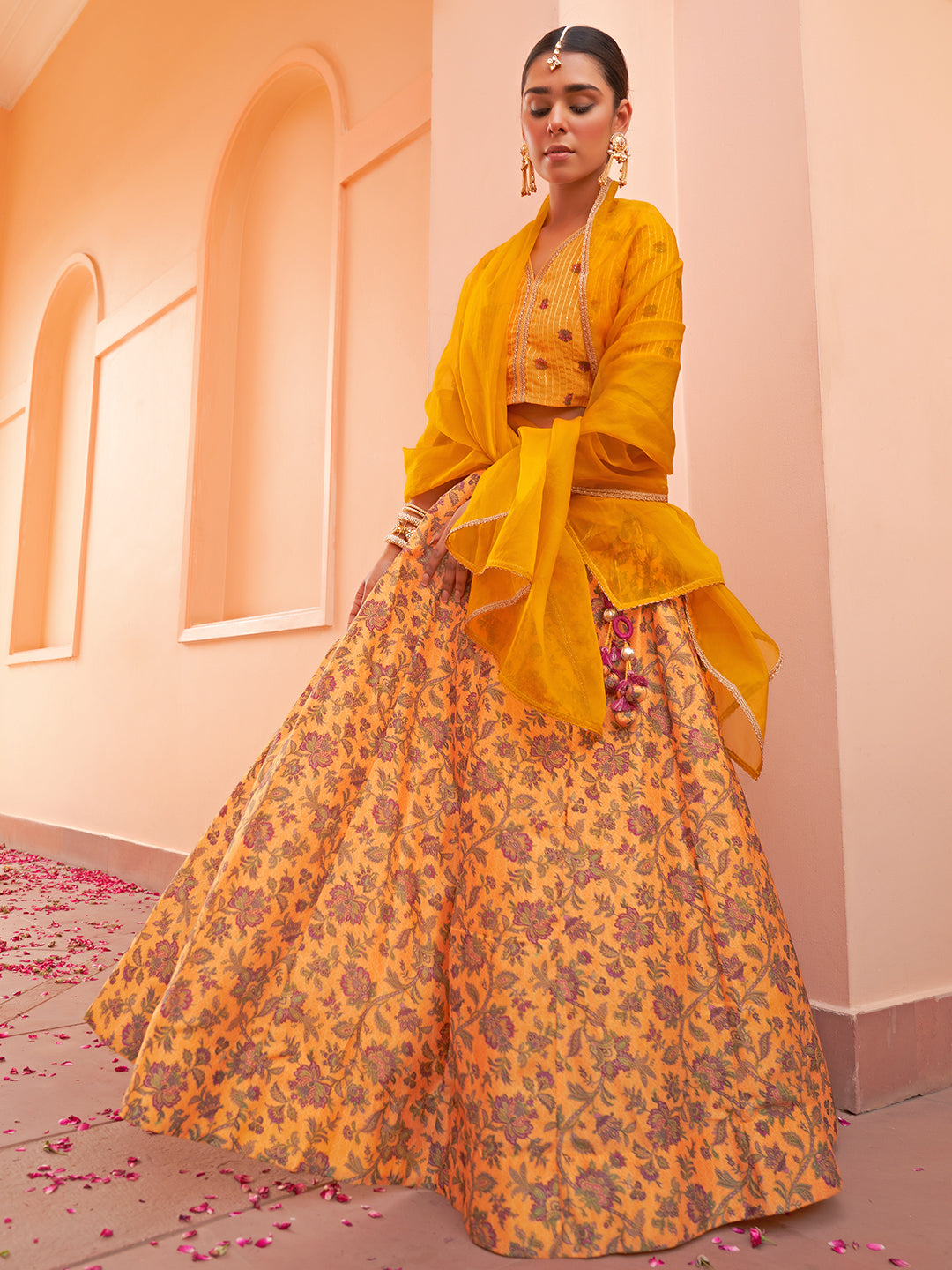 Janasya Mustard Georgette Digital Floral Printed Festive Lehenga Choli | Grocsy