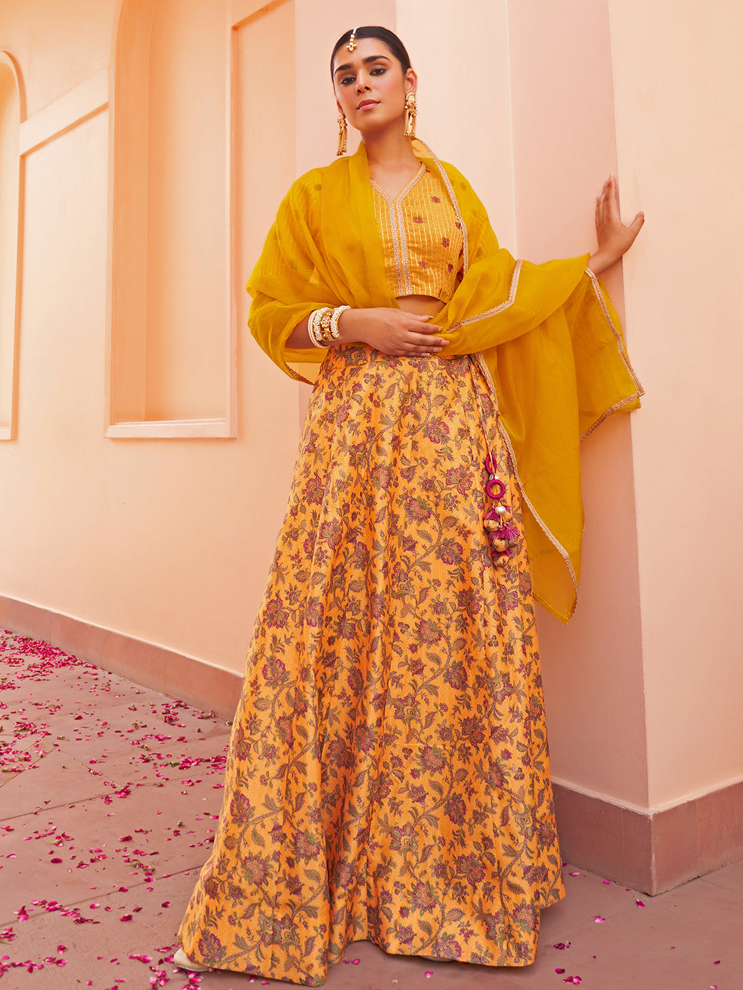 Janasya Mustard Georgette Digital Floral Printed Festive Lehenga Choli | Grocsy