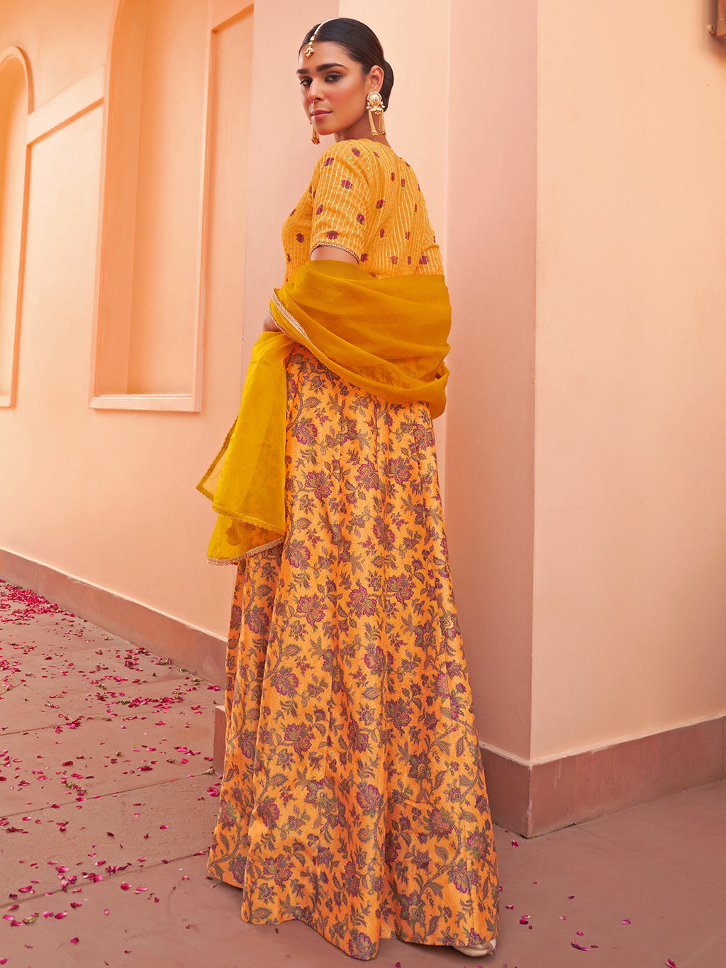 Janasya Mustard Georgette Digital Floral Printed Festive Lehenga Choli | Grocsy