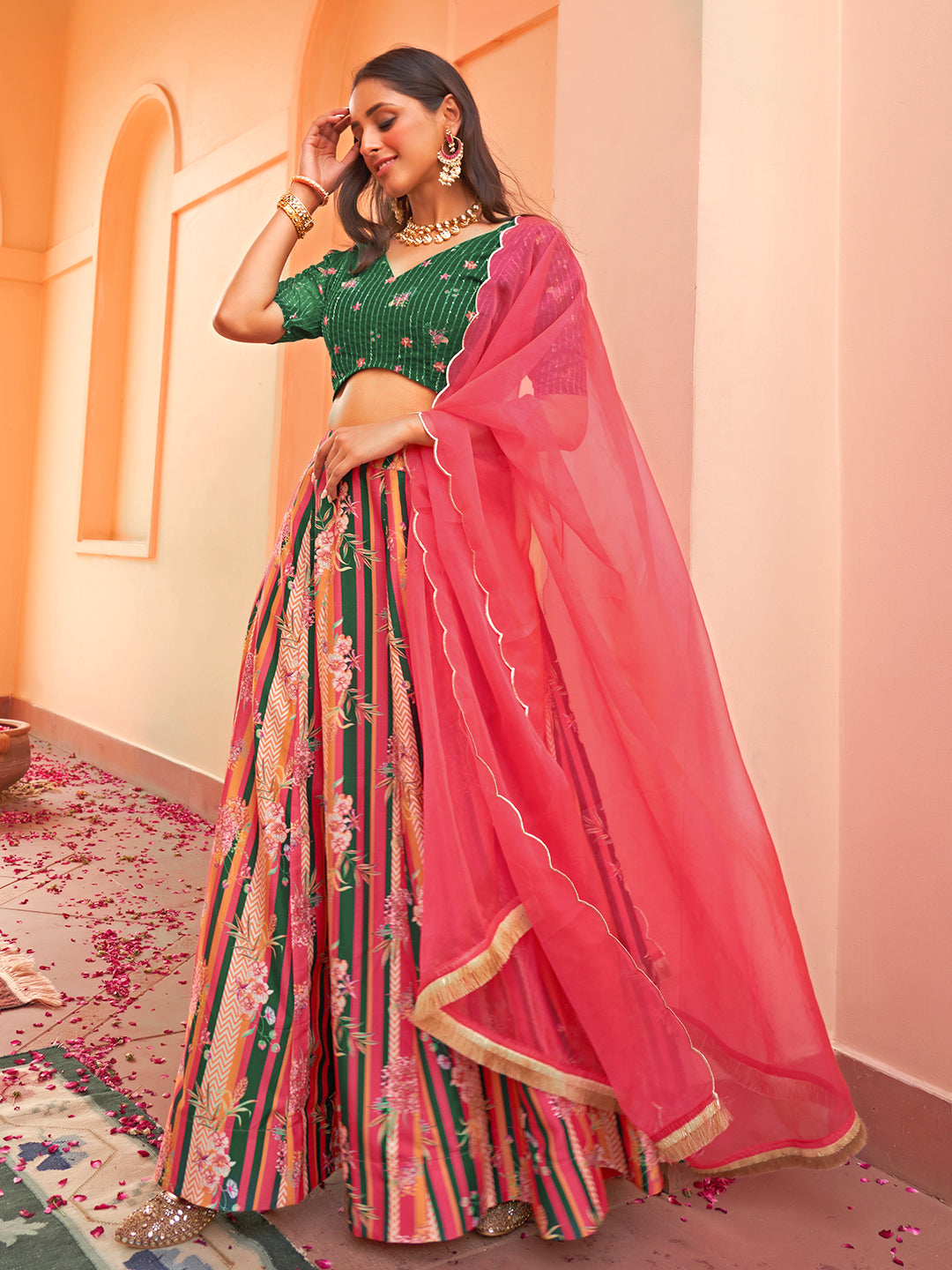 Janasya Green Georgette Digital Floral Printed Festive Lehenga Choli | Grocsy