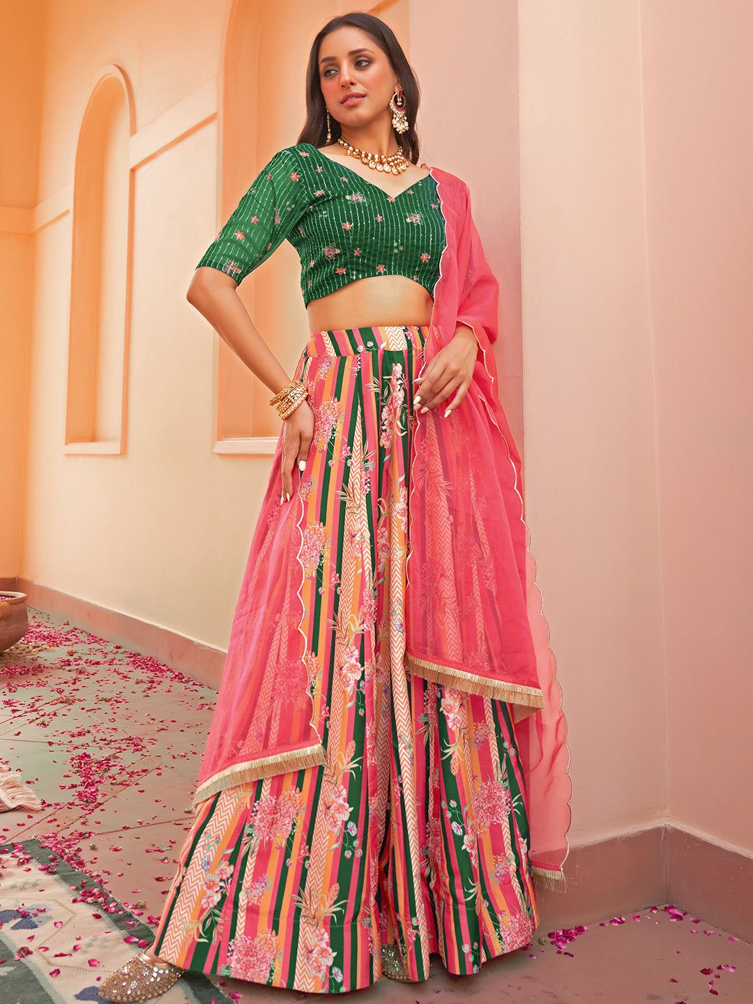 Janasya Green Georgette Digital Floral Printed Festive Lehenga Choli | Grocsy